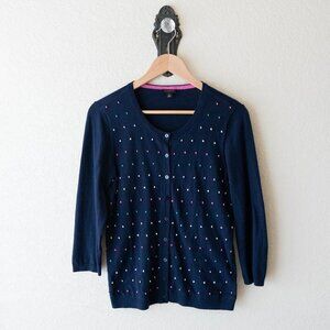 Talbots Cardigan Size Medium Navy Blue Multicolor Dot Button-Up Knit Sweater Top
